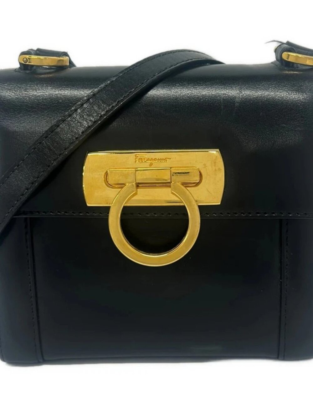 Salvatore Ferragamo Gancini Black Leather Shoulder Bag - Picture 1 of 9